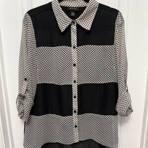 AB Studio Women's Size L Blouse Black White Button 3/4 Sleeve Mesh Panels (24-32